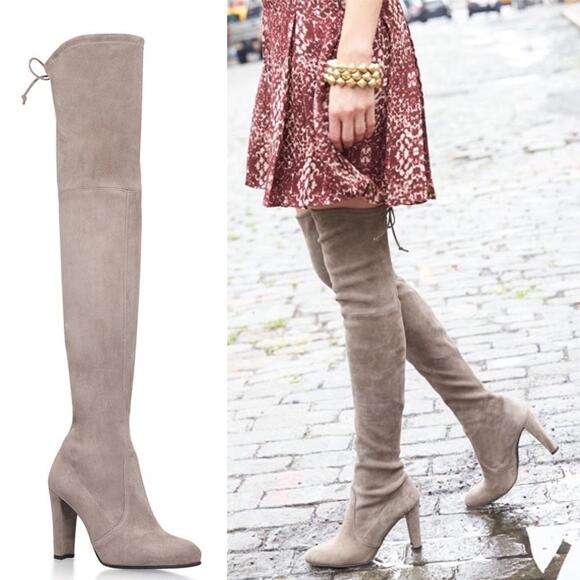 Stuart Weitzman Highland Suede Over-The-Knee Round Toe Boot Gray Taupe US 8.5